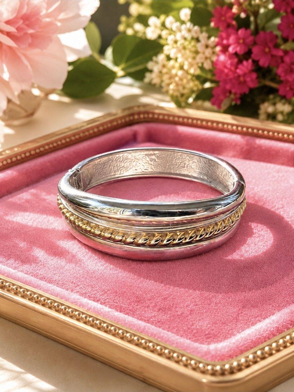 Two-Tone Silver and Gold Chain Bangle Bracelet
